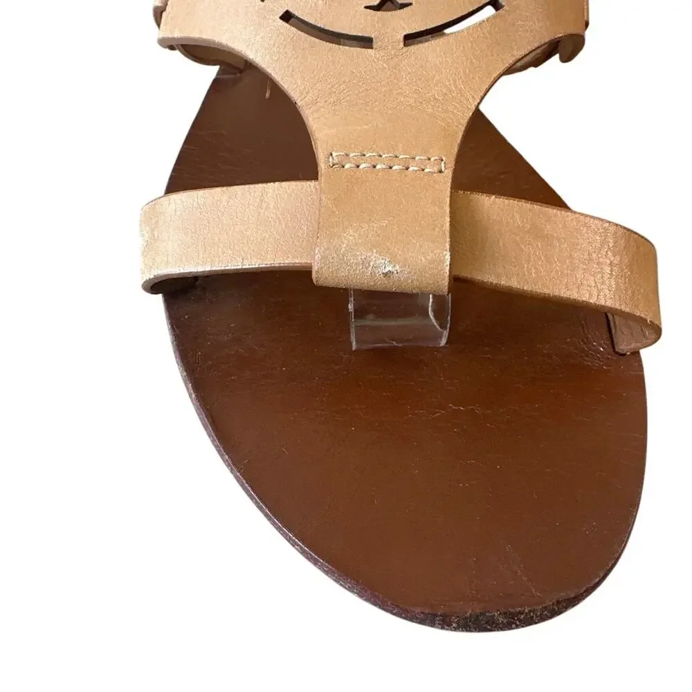 Tory Burch Zoey Leather Sandals‎ Tan Cutout Logo Flat Size 8